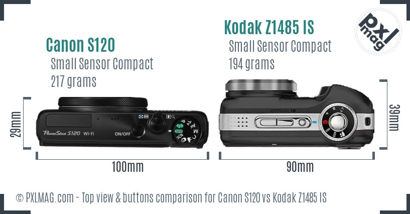 Canon S120 vs Kodak Z1485 IS top view buttons comparison
