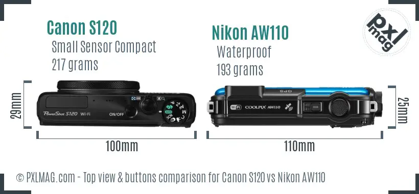 Canon S120 vs Nikon AW110 top view buttons comparison