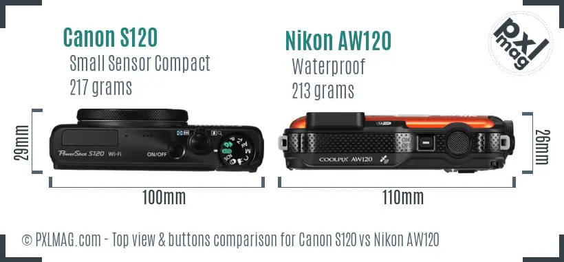 Canon S120 vs Nikon AW120 top view buttons comparison Canon S120 vs Nikon AW120 top view buttons comparison