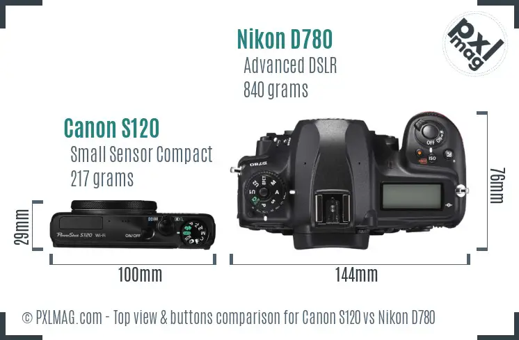 Canon S120 vs Nikon D780 top view buttons comparison