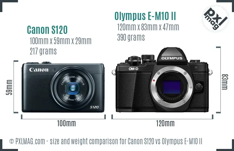 Canon S120 vs Olympus E-M10 II size comparison
