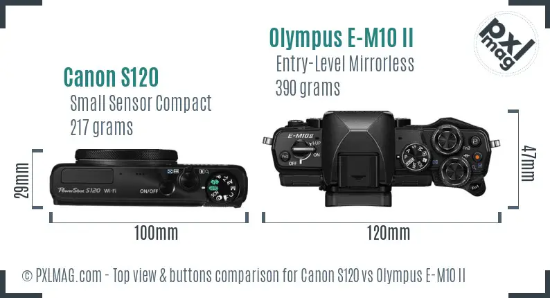 Canon S120 vs Olympus E-M10 II top view buttons comparison