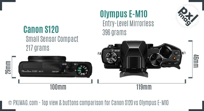 Canon S120 vs Olympus E-M10 top view buttons comparison