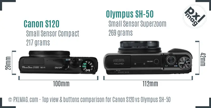 Canon S120 vs Olympus SH-50 top view buttons comparison Canon S120 vs Olympus SH-50 top view buttons comparison