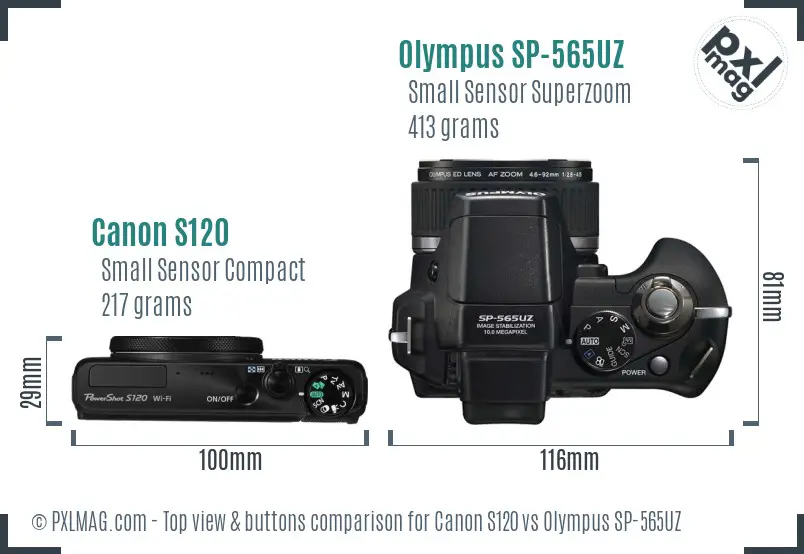Canon S120 vs Olympus SP-565UZ top view buttons comparison Canon S120 vs Olympus SP-565UZ top view buttons comparison