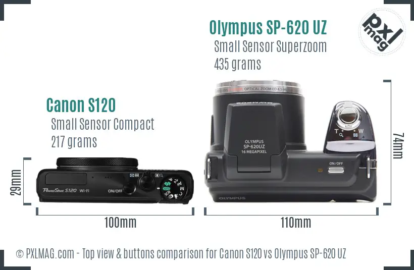 Canon S120 vs Olympus SP-620 UZ top view buttons comparison Canon S120 vs Olympus SP-620 UZ top view buttons comparison