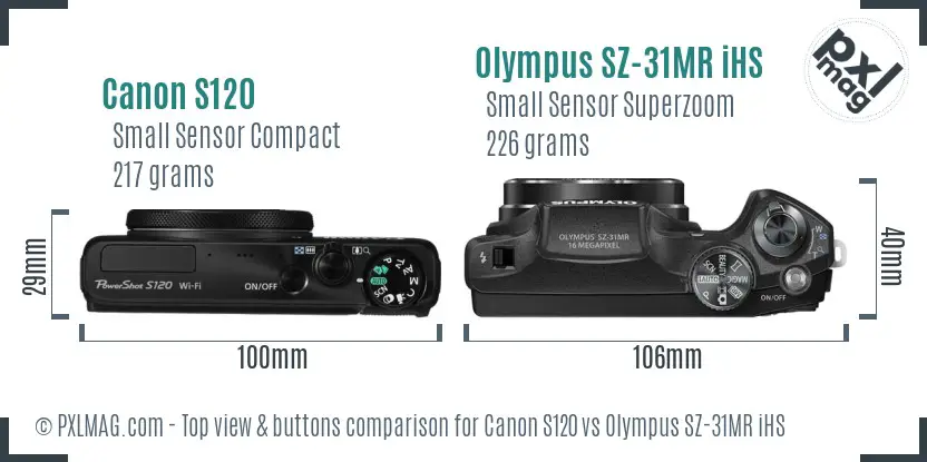 Canon S120 vs Olympus SZ-31MR iHS top view buttons comparison