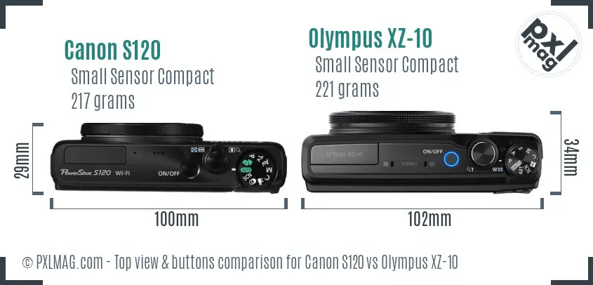 Canon S120 vs Olympus XZ-10 top view buttons comparison Canon S120 vs Olympus XZ-10 top view buttons comparison