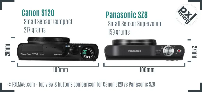 Canon S120 vs Panasonic SZ8 top view buttons comparison Canon S120 vs Panasonic SZ8 top view buttons comparison