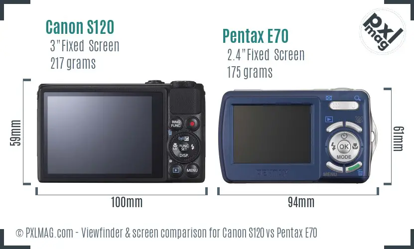 Canon S120 vs Pentax E70 Screen and Viewfinder comparison