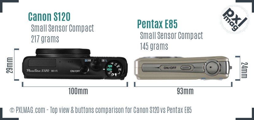 Canon S120 vs Pentax E85 top view buttons comparison