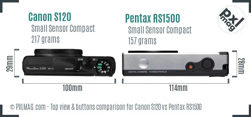 Canon S120 vs Pentax RS1500 top view buttons comparison Canon S120 vs Pentax RS1500 top view buttons comparison