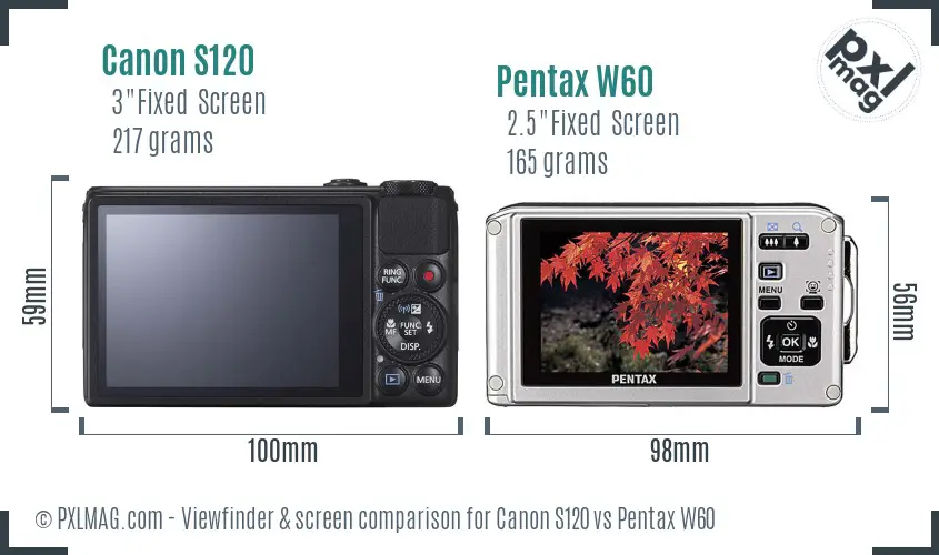 Canon S120 vs Pentax W60 Screen and Viewfinder comparison