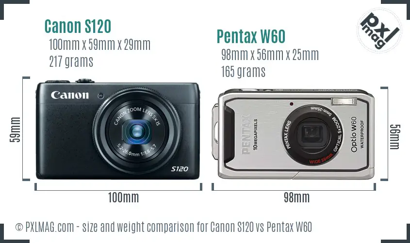 Canon S120 vs Pentax W60 size comparison
