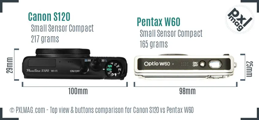 Canon S120 vs Pentax W60 top view buttons comparison