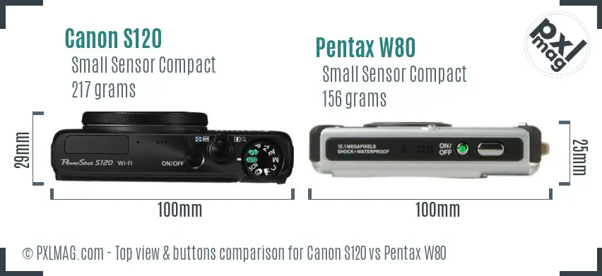Canon S120 vs Pentax W80 top view buttons comparison