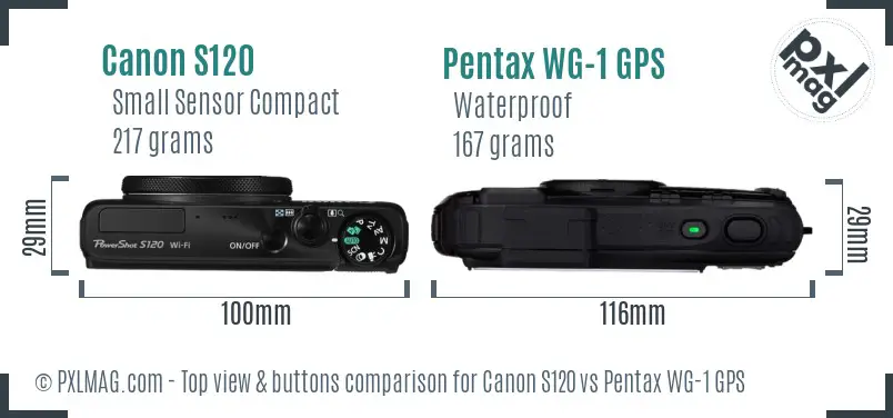 Canon S120 vs Pentax WG-1 GPS top view buttons comparison Canon S120 vs Pentax WG-1 GPS top view buttons comparison