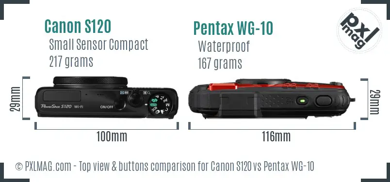 Canon S120 vs Pentax WG-10 top view buttons comparison