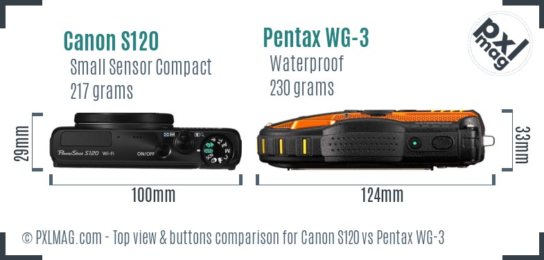 Canon S120 vs Pentax WG-3 top view buttons comparison