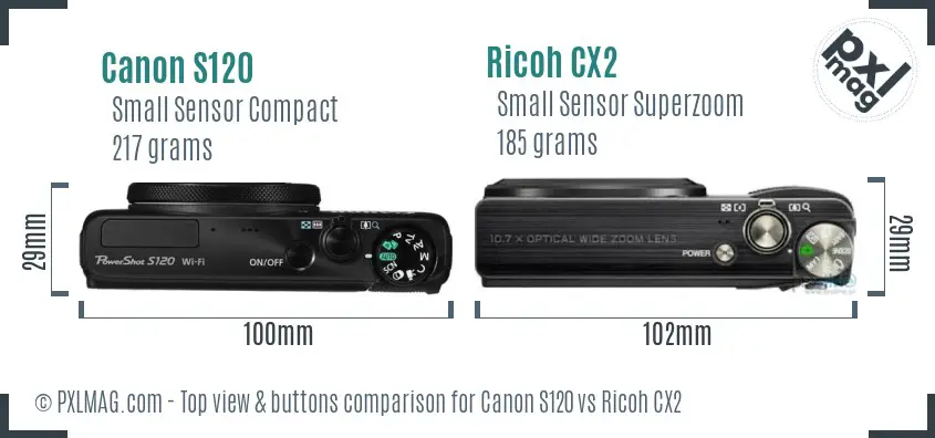 Canon S120 vs Ricoh CX2 top view buttons comparison