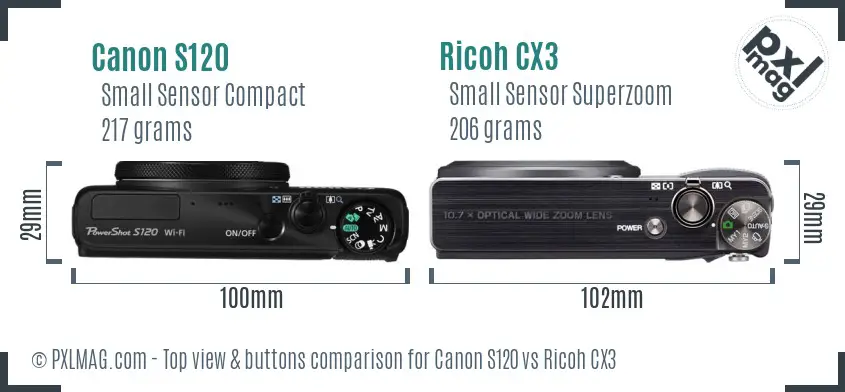 Canon S120 vs Ricoh CX3 top view buttons comparison Canon S120 vs Ricoh CX3 top view buttons comparison