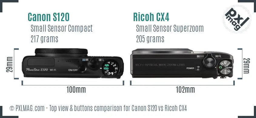 Canon S120 vs Ricoh CX4 top view buttons comparison