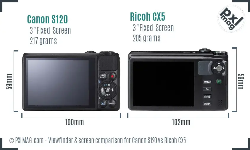 Canon S120 vs Ricoh CX5 Screen and Viewfinder comparison