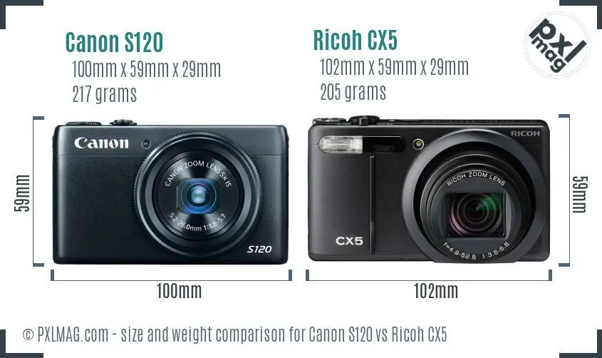 Canon S120 vs Ricoh CX5 size comparison