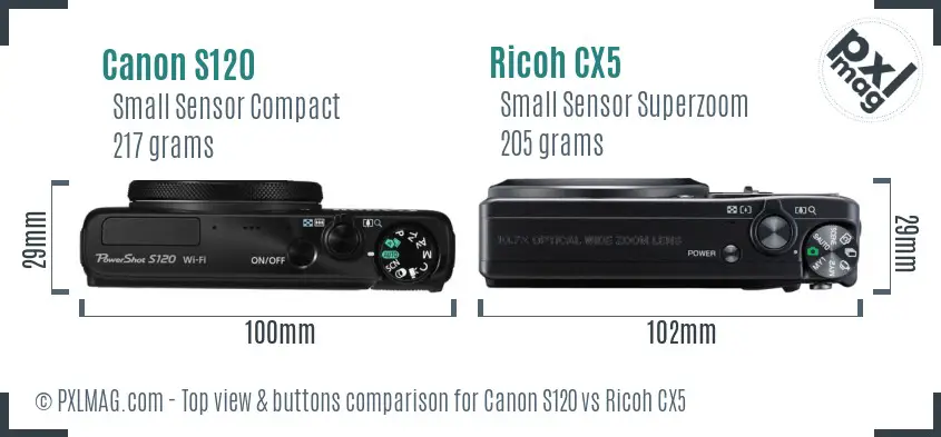 Canon S120 vs Ricoh CX5 top view buttons comparison