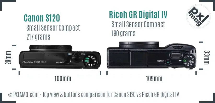 Canon S120 vs Ricoh GR Digital IV top view buttons comparison
