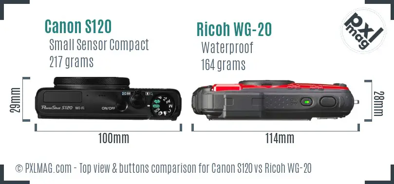 Canon S120 vs Ricoh WG-20 top view buttons comparison