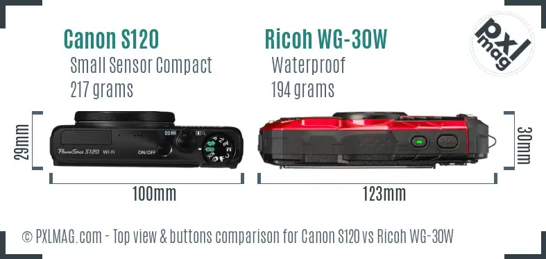 Canon S120 vs Ricoh WG-30W top view buttons comparison Canon S120 vs Ricoh WG-30W top view buttons comparison