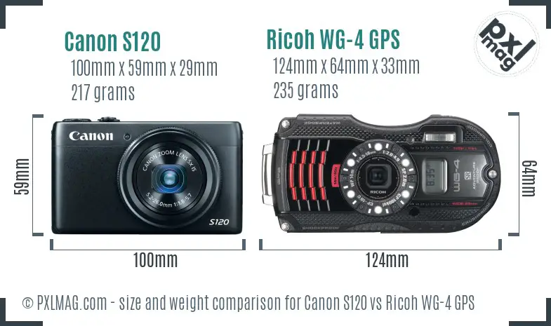 Canon S120 vs Ricoh WG-4 GPS size comparison Canon S120 vs Ricoh WG-4 GPS size comparison