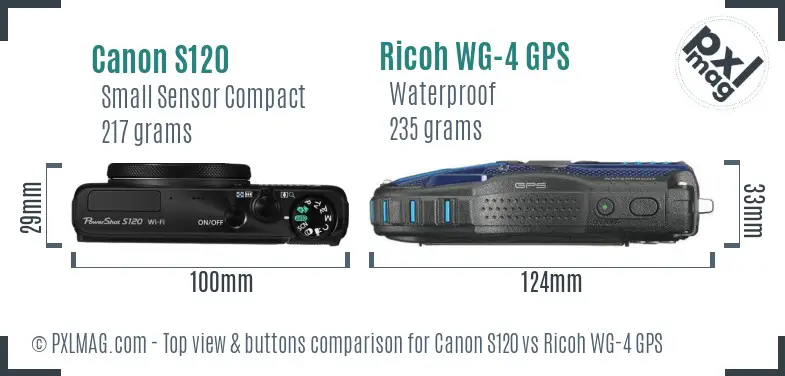 Canon S120 vs Ricoh WG-4 GPS top view buttons comparison Canon S120 vs Ricoh WG-4 GPS top view buttons comparison