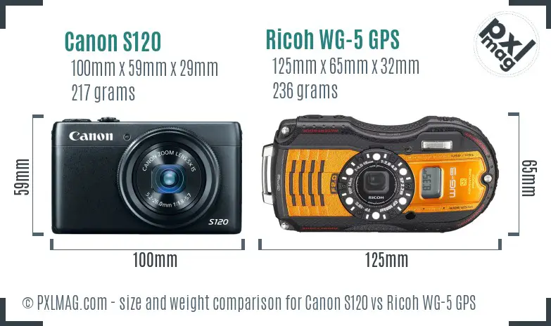 Canon S120 vs Ricoh WG-5 GPS size comparison