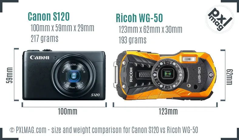 Canon S120 vs Ricoh WG-50 size comparison