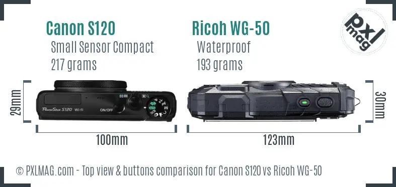 Canon S120 vs Ricoh WG-50 top view buttons comparison