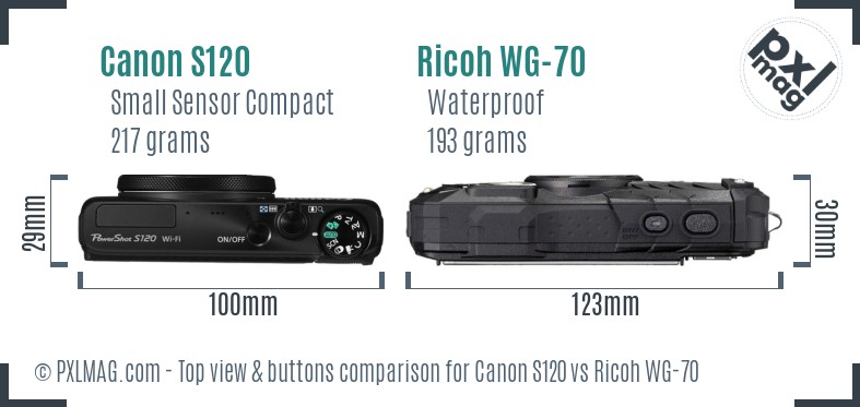 Canon S120 vs Ricoh WG-70 top view buttons comparison