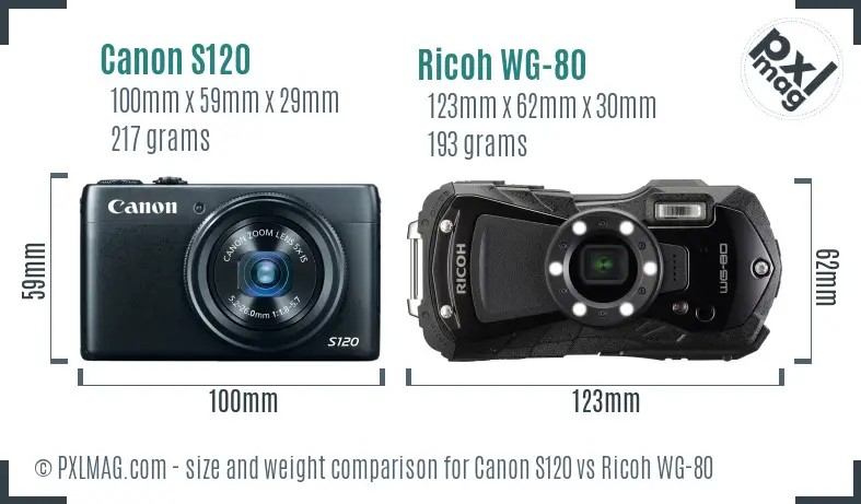 Canon S120 vs Ricoh WG-80 size comparison