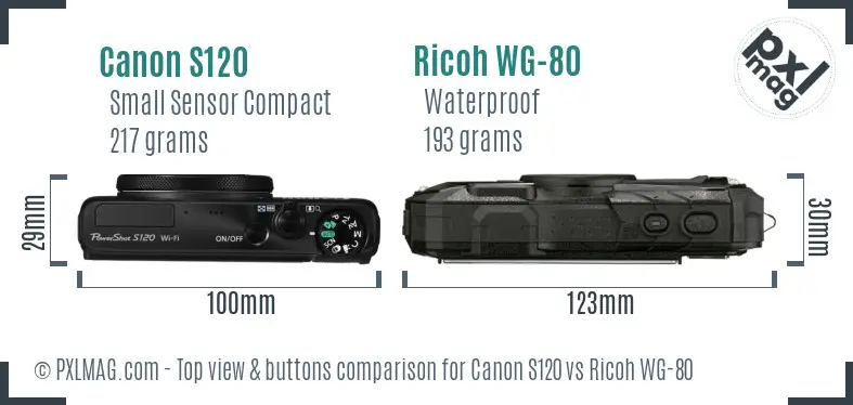 Canon S120 vs Ricoh WG-80 top view buttons comparison