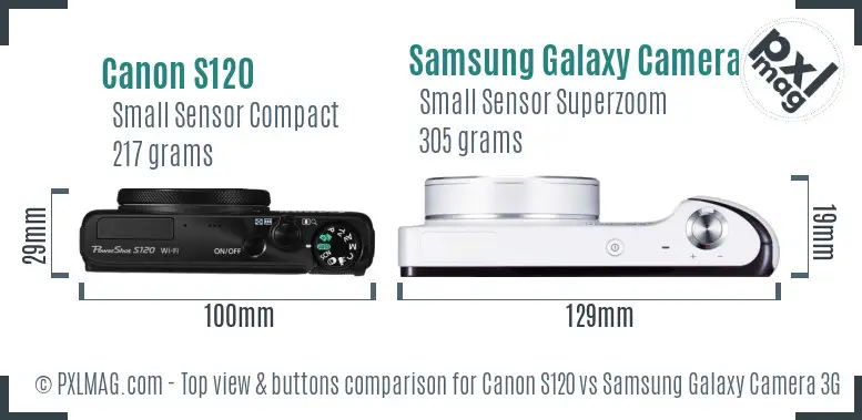 Canon S120 vs Samsung Galaxy Camera 3G top view buttons comparison