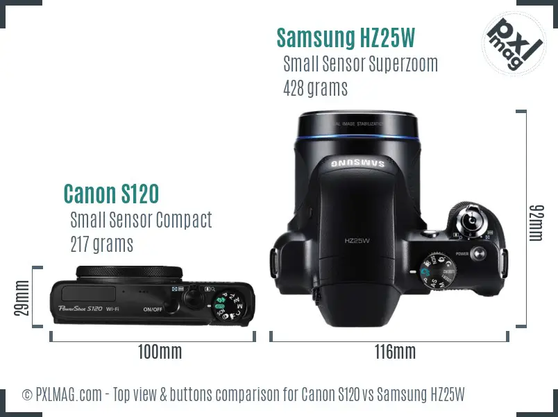 Canon S120 vs Samsung HZ25W top view buttons comparison