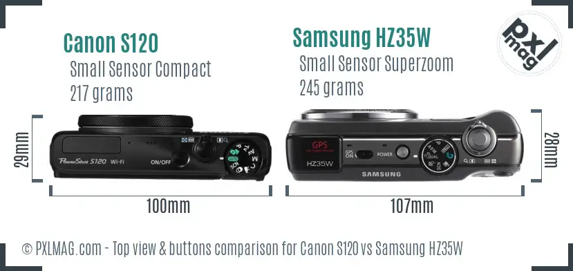 Canon S120 vs Samsung HZ35W top view buttons comparison Canon S120 vs Samsung HZ35W top view buttons comparison