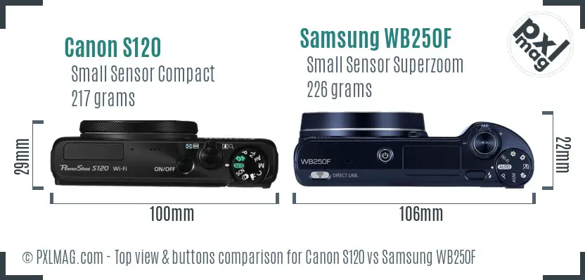 Canon S120 vs Samsung WB250F top view buttons comparison Canon S120 vs Samsung WB250F top view buttons comparison