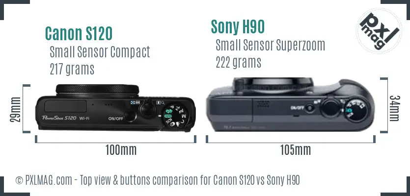 Canon S120 vs Sony H90 top view buttons comparison