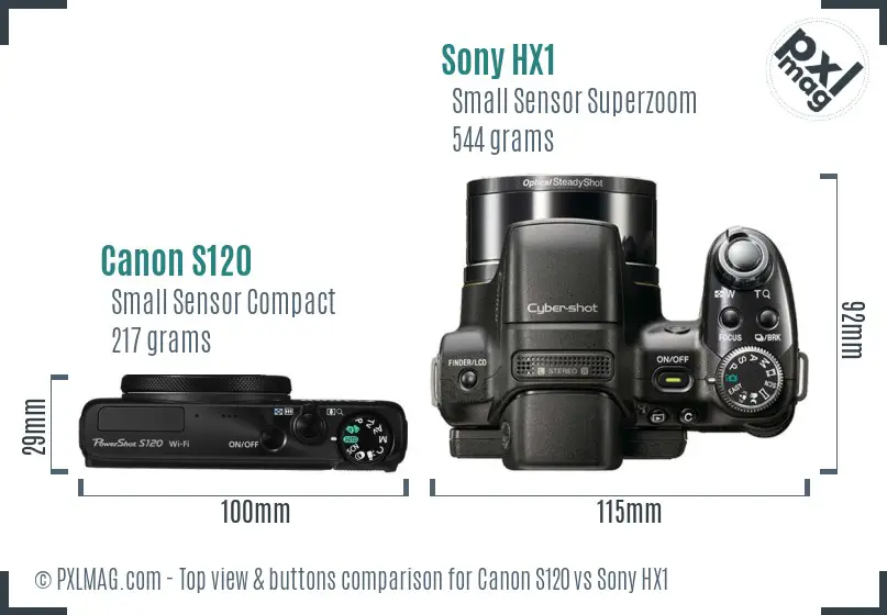 Canon S120 vs Sony HX1 top view buttons comparison