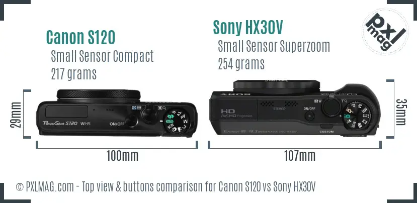 Canon S120 vs Sony HX30V top view buttons comparison Canon S120 vs Sony HX30V top view buttons comparison