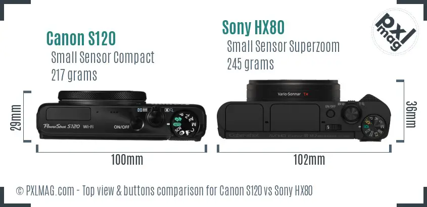 Canon S120 vs Sony HX80 top view buttons comparison