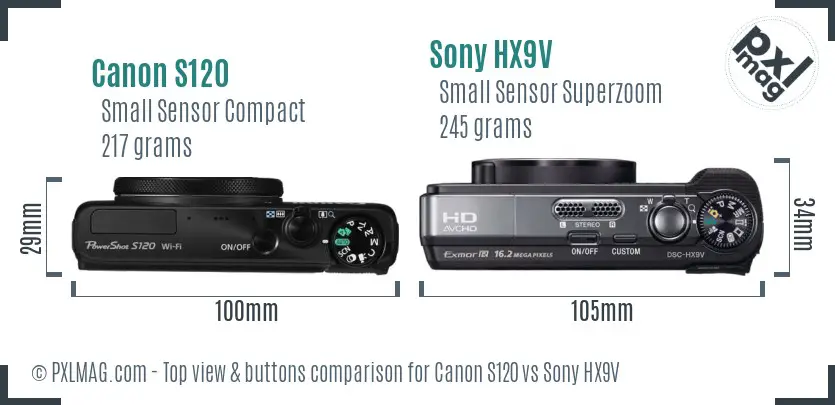 Canon S120 vs Sony HX9V top view buttons comparison