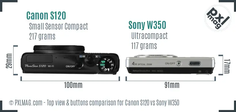 Canon S120 vs Sony W350 top view buttons comparison